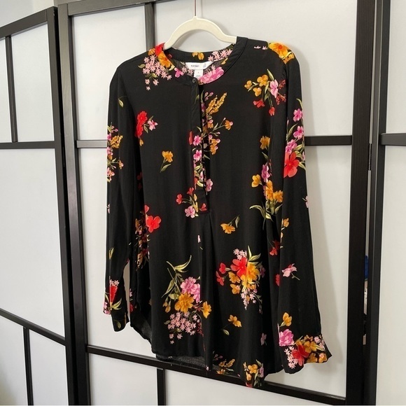 𝅺[l] Old Navy Black Long Sleeve Spring Floral Print Button-Down Tunic Top - Picture 3 of 14